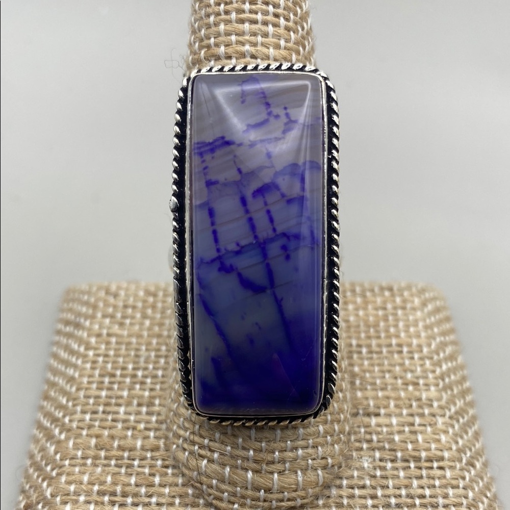 New Purple Dragon Vein Agate Purple Stone Silver Overlay Ring Size 8